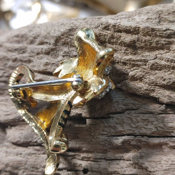 Jomaz Brooch Pin Vintage Gold Rhinestone Tiger Cat Black Enamel Stripes Crystal - Picture 7 of 11